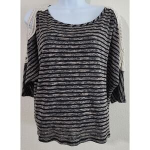 Teenbell Brown Black Striped Cold Shoulder Crochet Top Large Bat Wing Sleeves